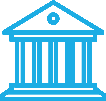A blue building with pillars on top of it.