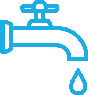 A blue faucet with water droplets coming out of it.